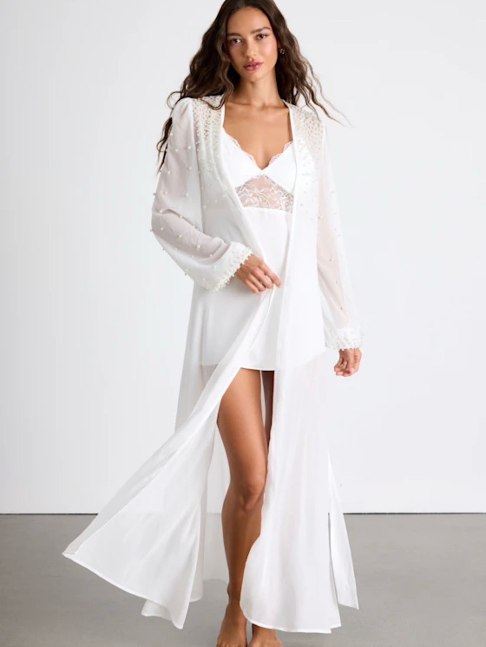 Lulu's White Sheer Pearl-Embellished Long Robe